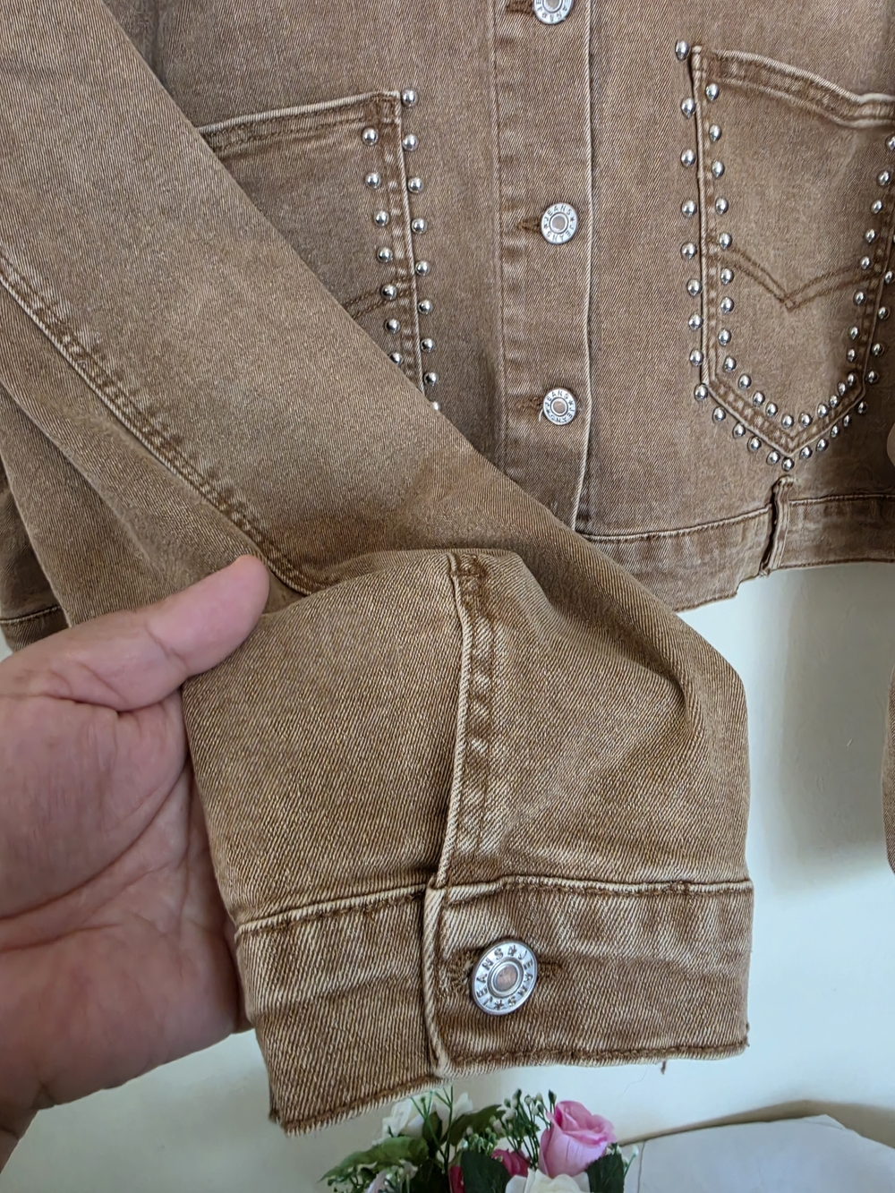 Jeans Stud-Embellished Brown Cropped Denim Jacket - Women Size L - Picture 4 of 5